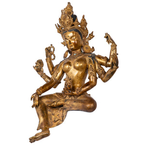 Bronze statue in antique medieval style. Buddhist goddess of prosperity, Basundhara (whose name means “Bearer of Treasure”) is associated with material and spiritual abundance. This statue was part of the exhibition in the Patan Museum: "The Revival of Newari Woodcarving, 2024".