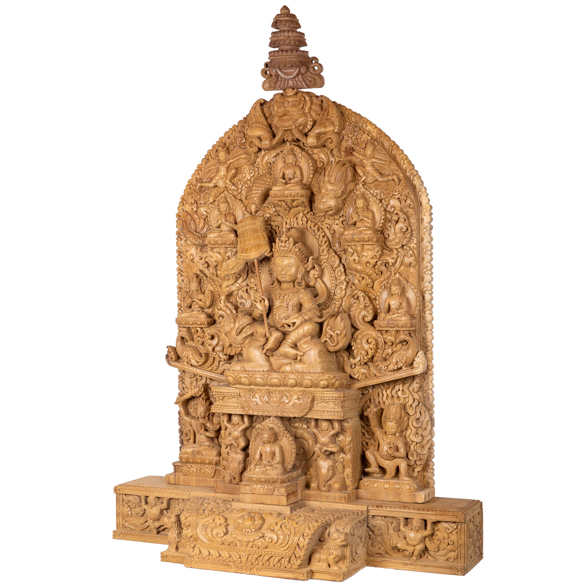 Woodcarving from Bungmati, Nepal.
Jambhala is a deity invoked for material and spiritual wealth. As a wrathful emanation of Avalokiteshwara, the Buddha of Compassion, he protects all beings from harmful and negative actions.This statue was part of the exhibition in the Patan Museum: "The Revival of Newari Woodcarving, 2024".