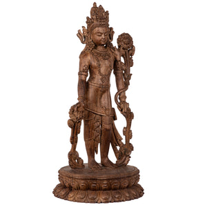 Woodcarving from Bhaktapur, Nepal. Padmapani (“The Lotus-Bearer”)  is an emanation of Avalokiteshwara, the Boddhisattva of Compassion. This statue was part of the exhibition in the Patan Museum: "The Revival of Newari Woodcarving, 2024".