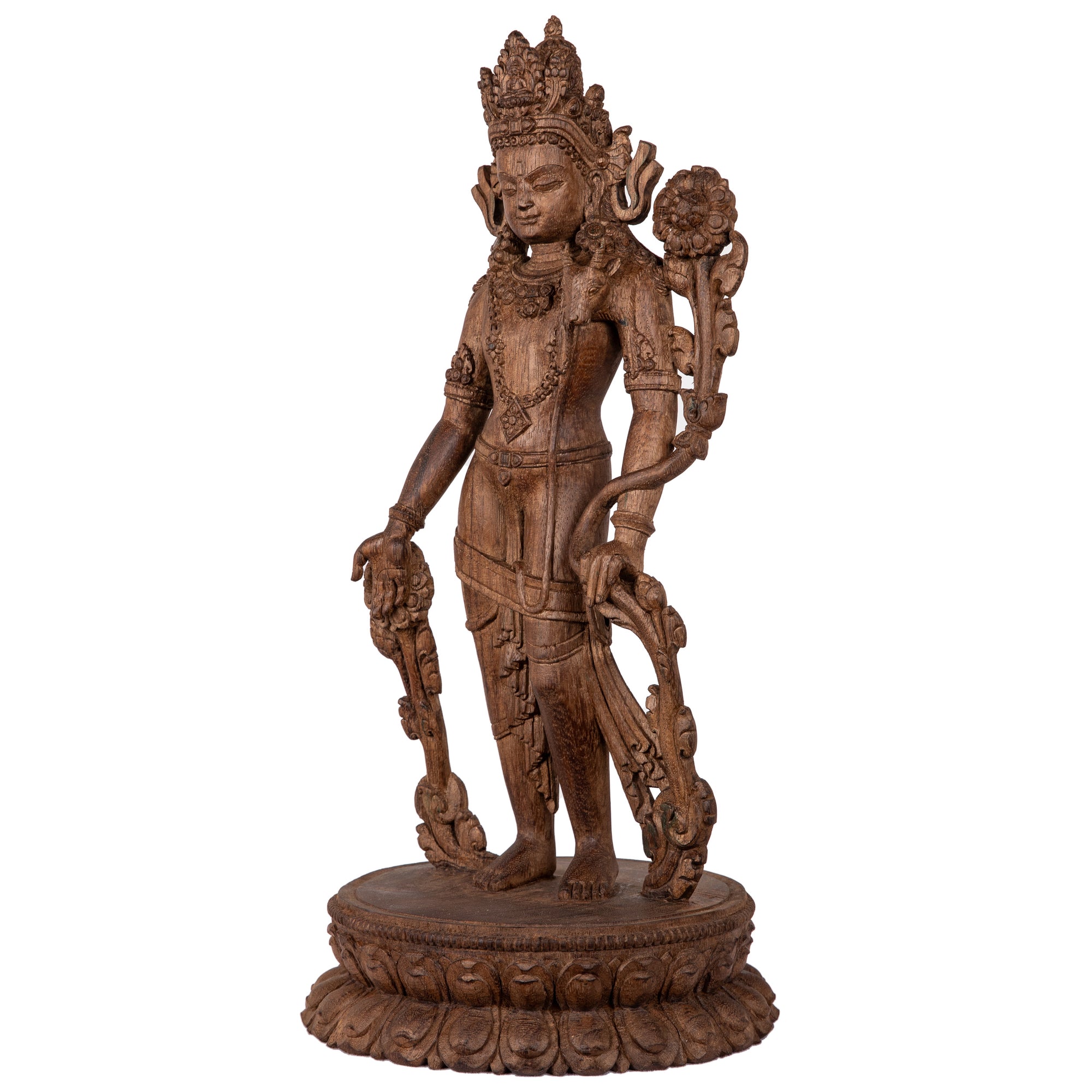 Woodcarving from Bhaktapur, Nepal. Padmapani (“The Lotus-Bearer”)  is an emanation of Avalokiteshwara, the Boddhisattva of Compassion. This statue was part of the exhibition in the Patan Museum: "The Revival of Newari Woodcarving, 2024".