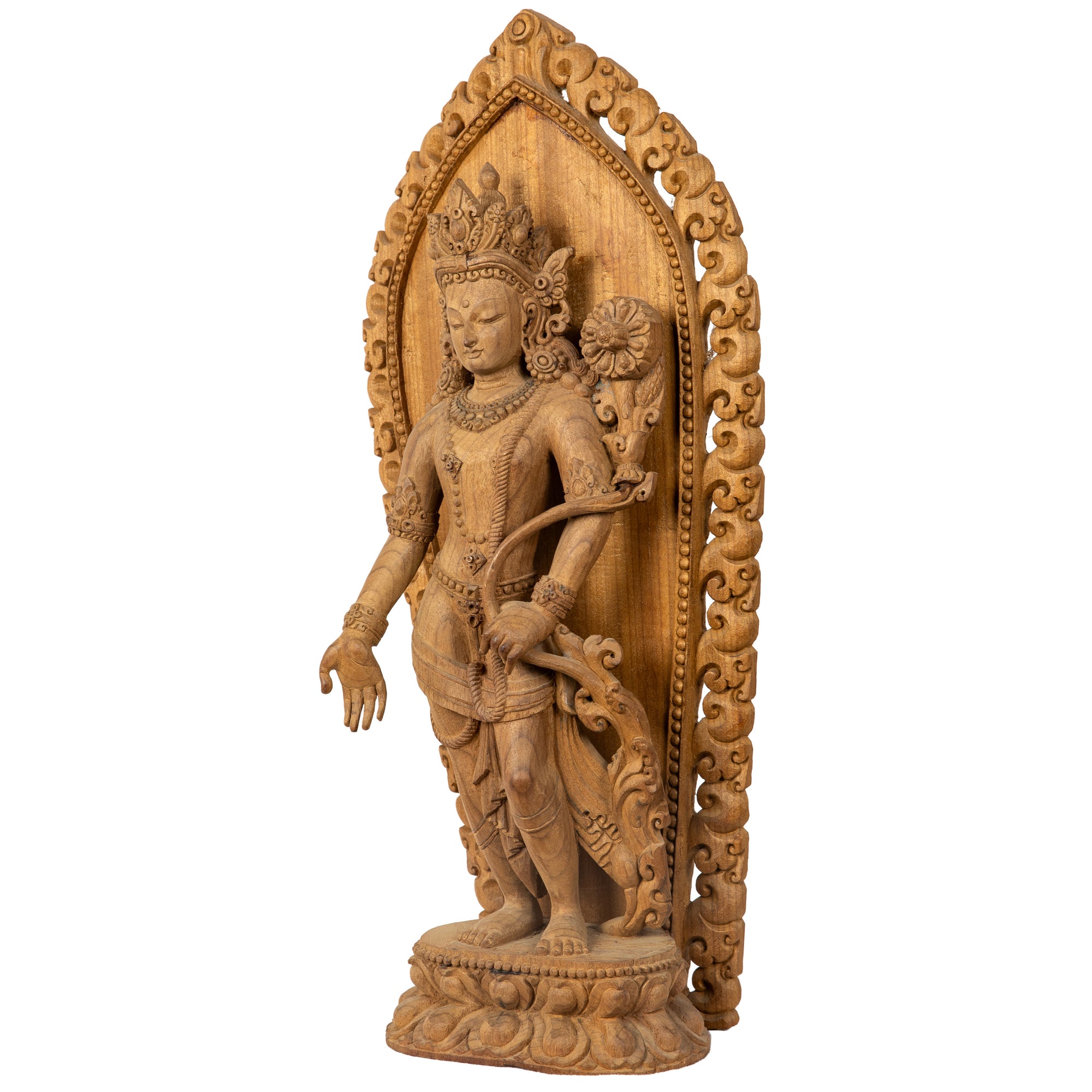 Woodcarving from Bhaktapur, Nepal. Padmapani (“The Lotus-Bearer”)  is an emanation of Avalokiteshwara, the Boddhisattva of Compassion. This statue was part of the exhibition in the Patan Museum: "The Revival of Newari Woodcarving, 2024".