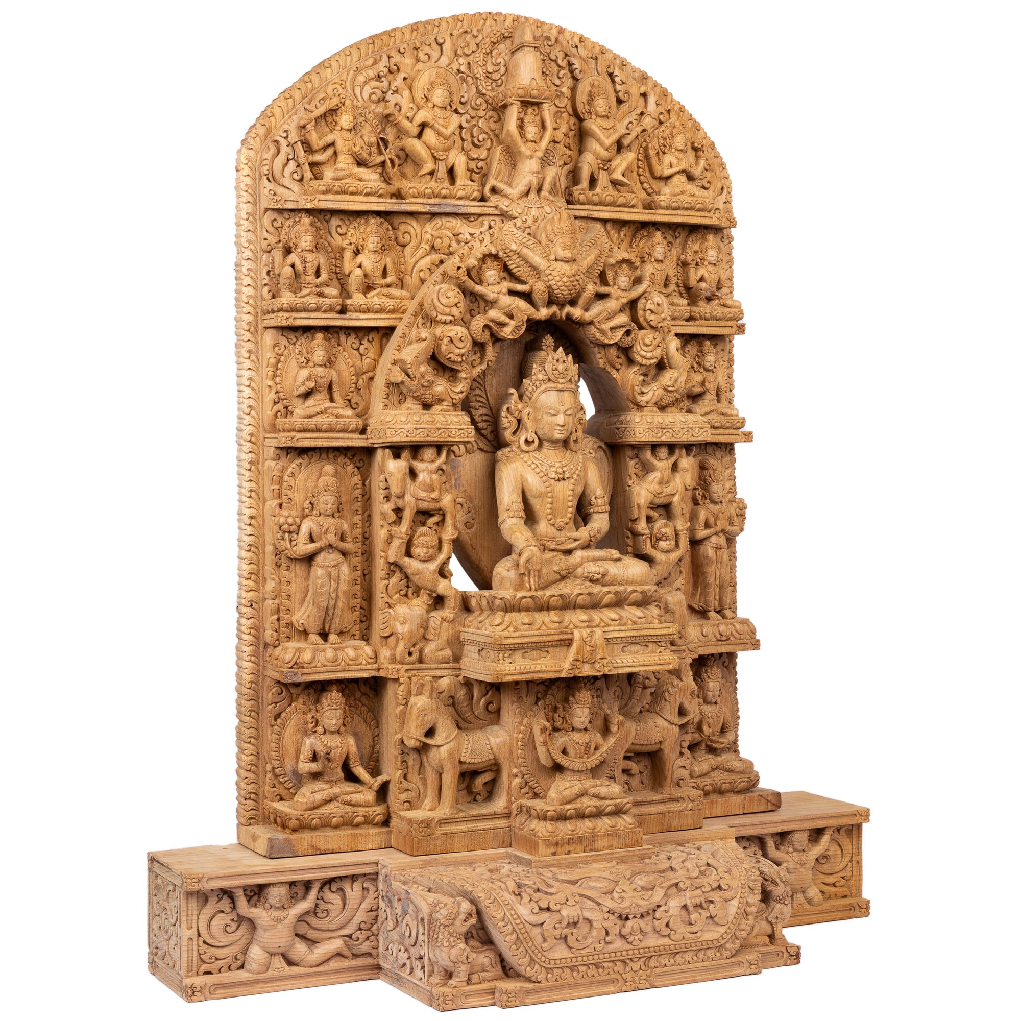 Woodcarving from Bungmati, Nepal. 
Ratnasambhava (which in Sanskrit means 'born from the Jewel') represents the qualities of compassionate generosity, beauty and creativity, and is used in meditation to annihilate greed and pride. This statue was part of the exhibition in Patan Museum: "The Revival of Newari Woodcarving 2024".