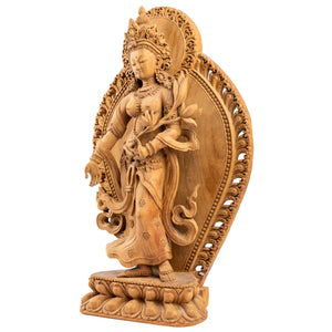 Nepal Academy of Fine Arts Special Awards 2023. Woodcarving from Bhaktapur, Nepal. 
Tara is one of the most important figures in Buddhism. She is a representation of the female aspect of Avalokiteshvara, the Buddha of Compassion. This statue was part of the exhibition in the Patan Museum: "The Revival of Newari Woodcarving, 2024".