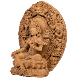 Woodcarving from Bhaktapur, Nepal. 
Tara is one of the most important figures in Buddhism. She is a representation of the female aspect of Avalokiteshvara, the Buddha of Compassion. This statue was part of the exhibition in the Patan Museum: "The Revival of Newari Woodcarving, 2024".