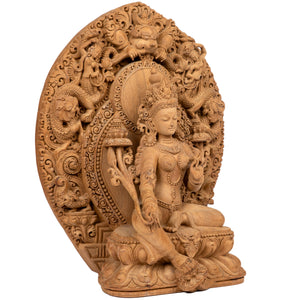 Woodcarving from Bhaktapur, Nepal. 
Tara is one of the most important figures in Buddhism. She is a representation of the female aspect of Avalokiteshvara, the Buddha of Compassion. This statue was part of the exhibition in the Patan Museum: "The Revival of Newari Woodcarving, 2024".