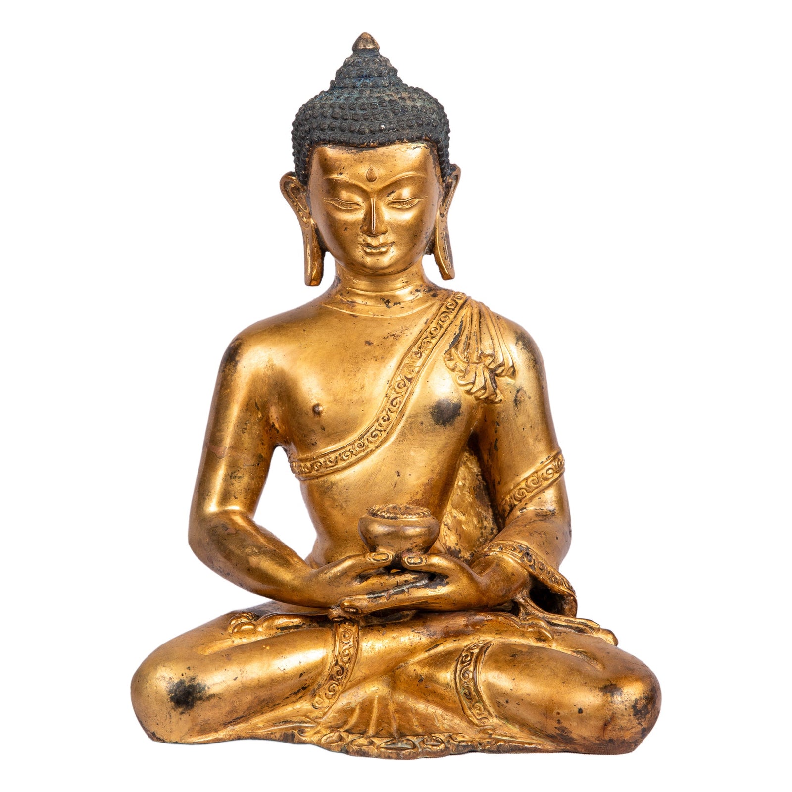 Amitabha Buddha bronze statue — front view, 24 cm, 24K gold gilded, meditation posture.