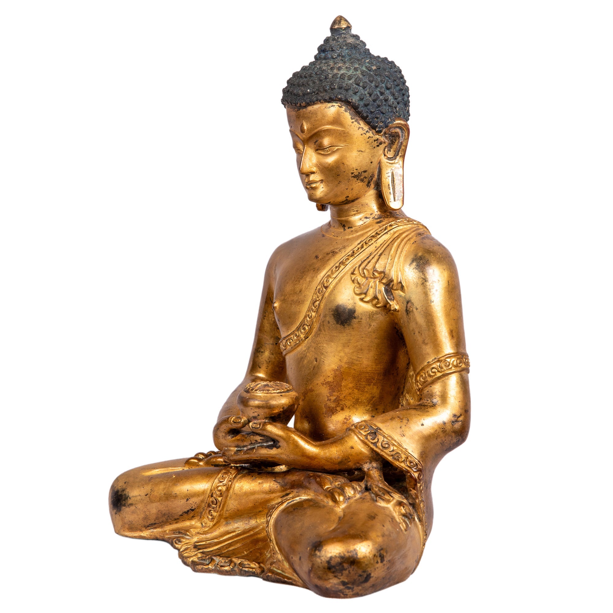Amitabha bronze statue — left side view showing serene expression and flowing robe.