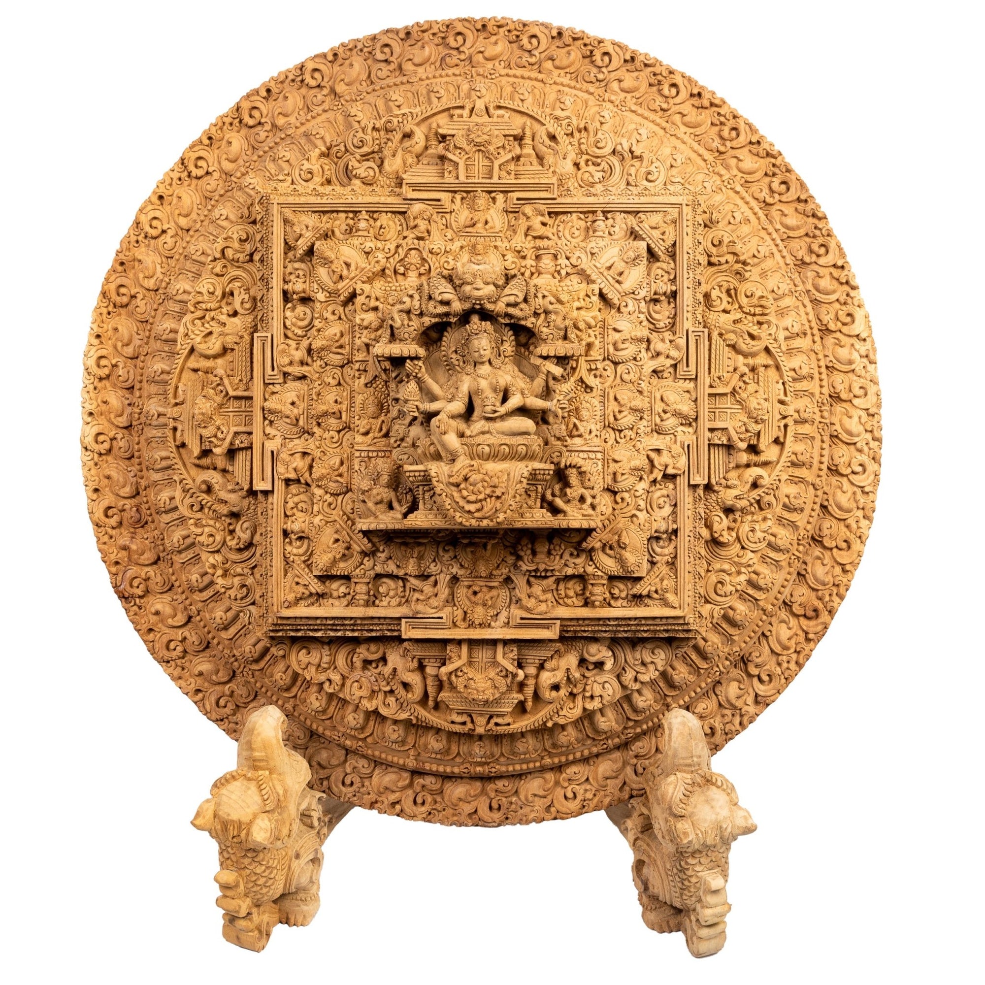 Basundhara Mandala with Makara Stand – traditional wood carving handcrafted in Patan, Nepal from magnolia wood by Newar master artisans – Himalay’Art, Himalayan art.
