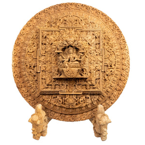 Basundhara Mandala with Makara Stand – traditional wood carving handcrafted in Patan, Nepal from magnolia wood by Newar master artisans – Himalay’Art, Himalayan art.