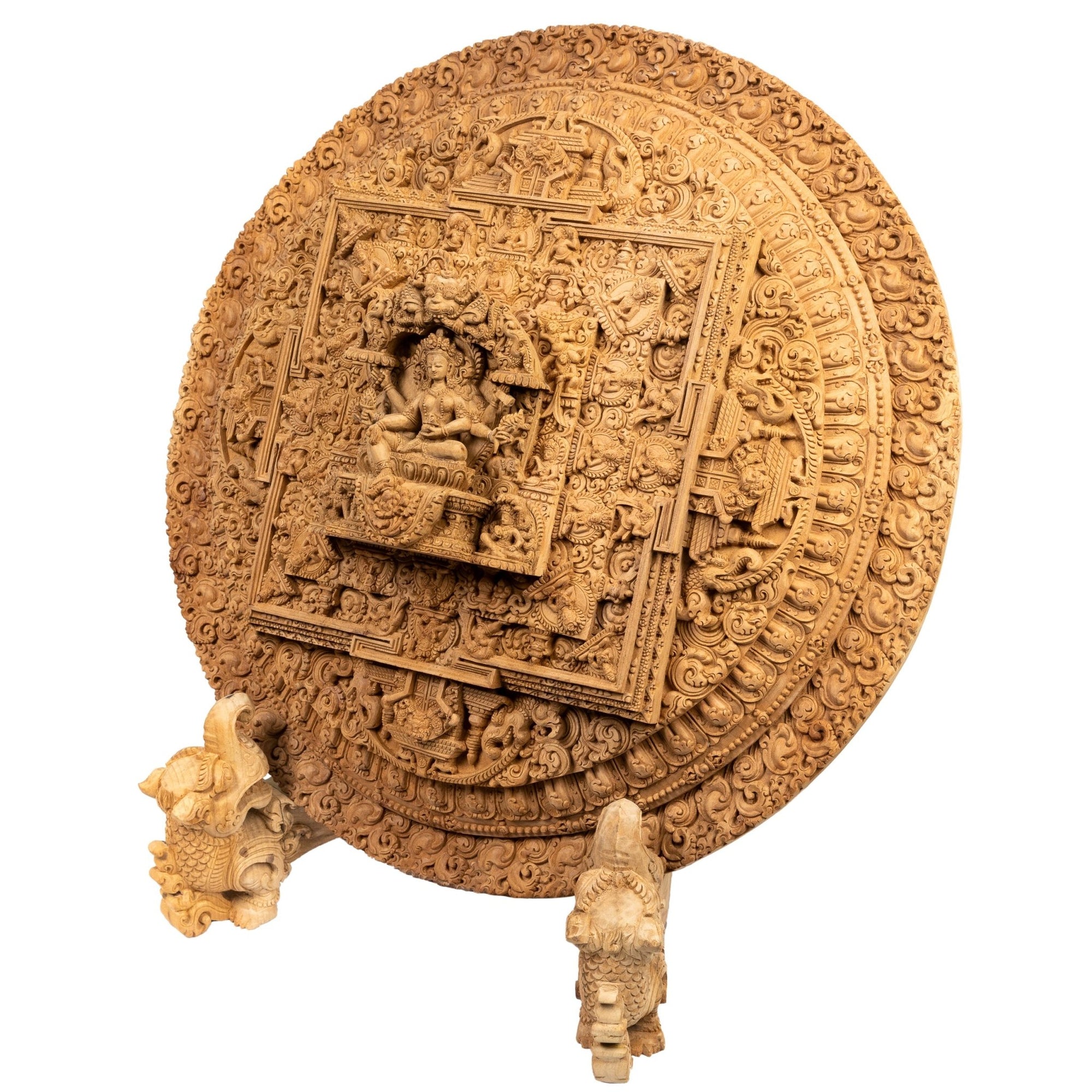 Basundhara Mandala with Makara Stand – traditional wood carving handcrafted in Patan, Nepal from magnolia wood by Newar master artisans – Himalay’Art, Himalayan art.