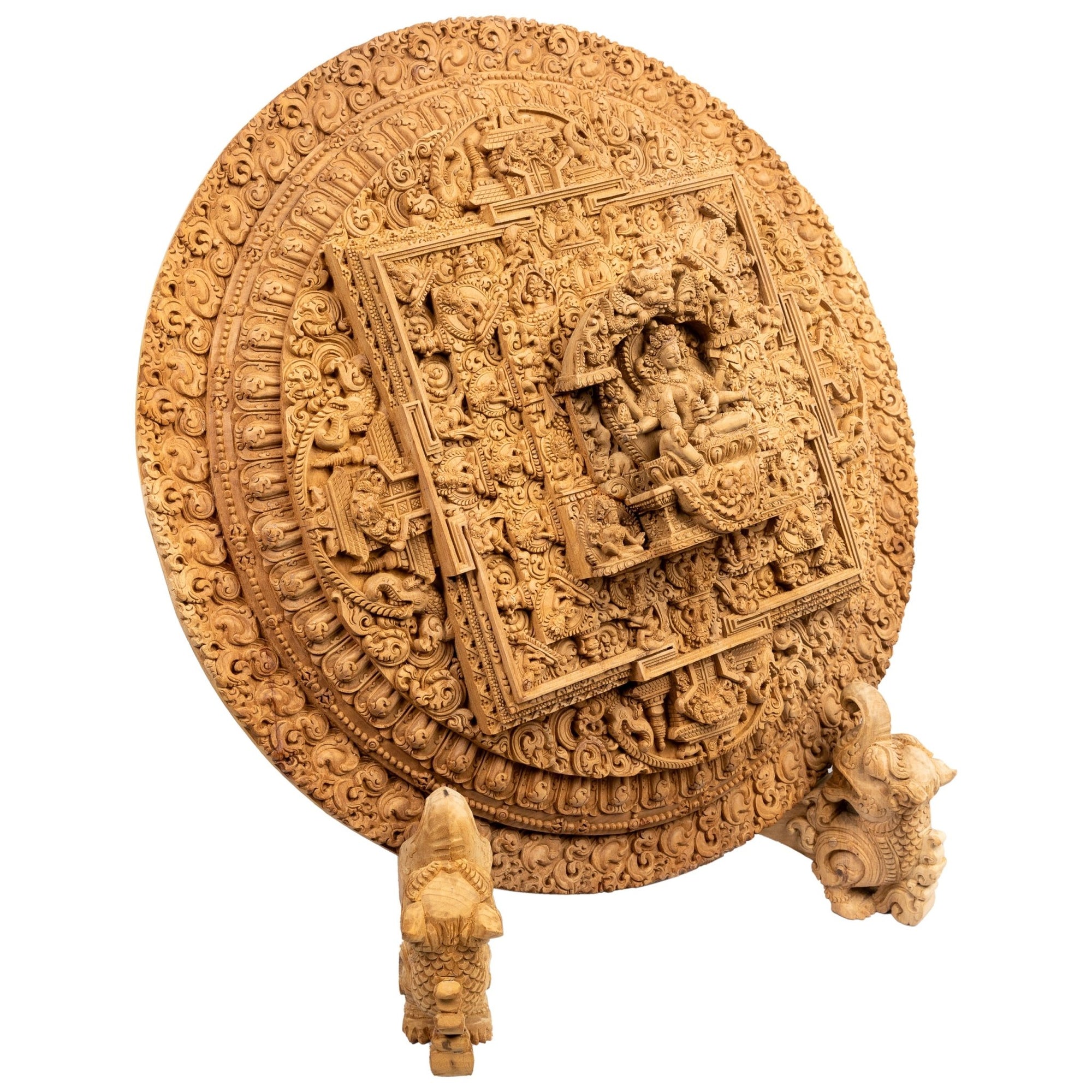 Basundhara Mandala with Makara Stand – traditional wood carving handcrafted in Patan, Nepal from magnolia wood by Newar master artisans – Himalay’Art, Himalayan art.