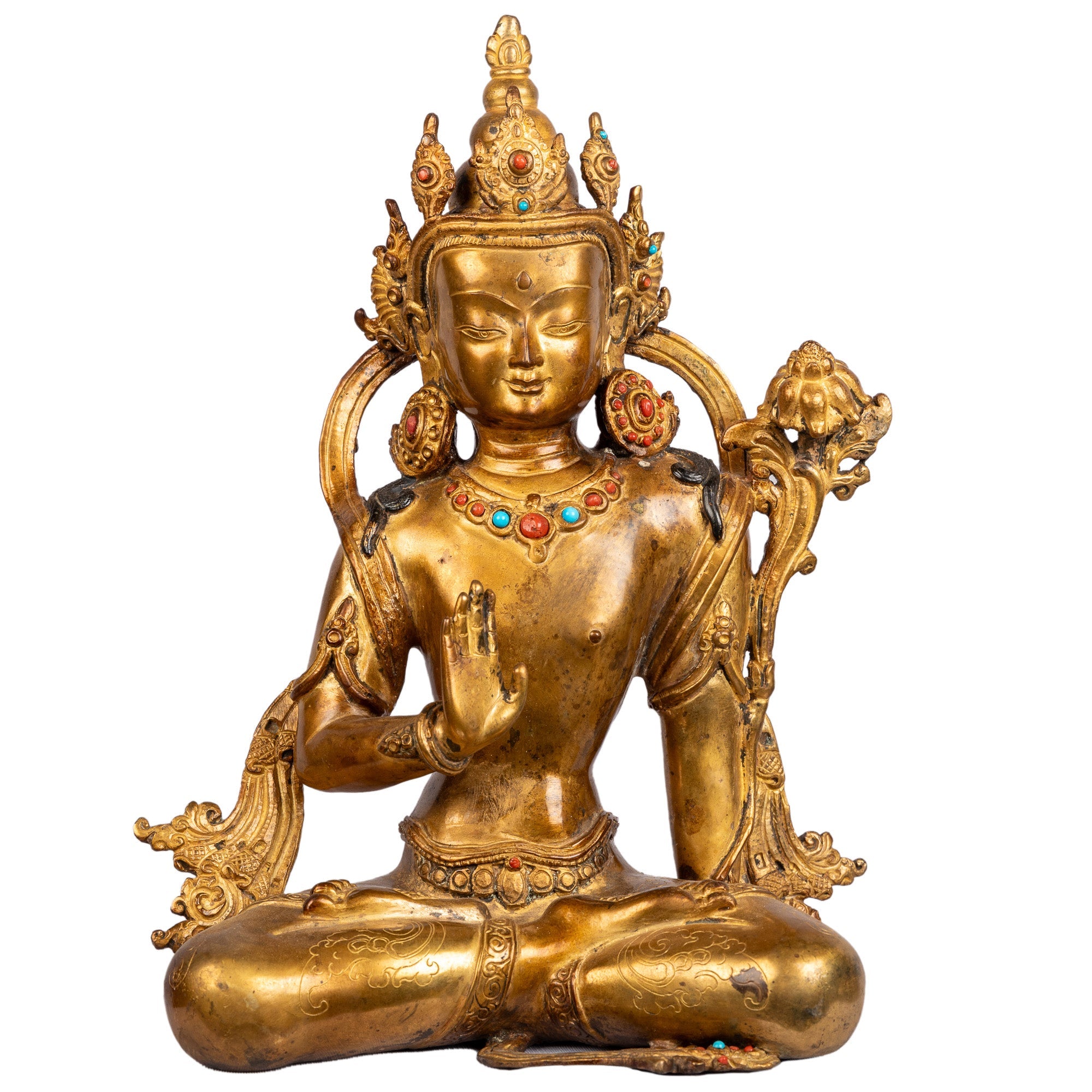 Crowned Bodhisattva bronze statue performing the Abhaya mudra — front view, Patan, Nepal.