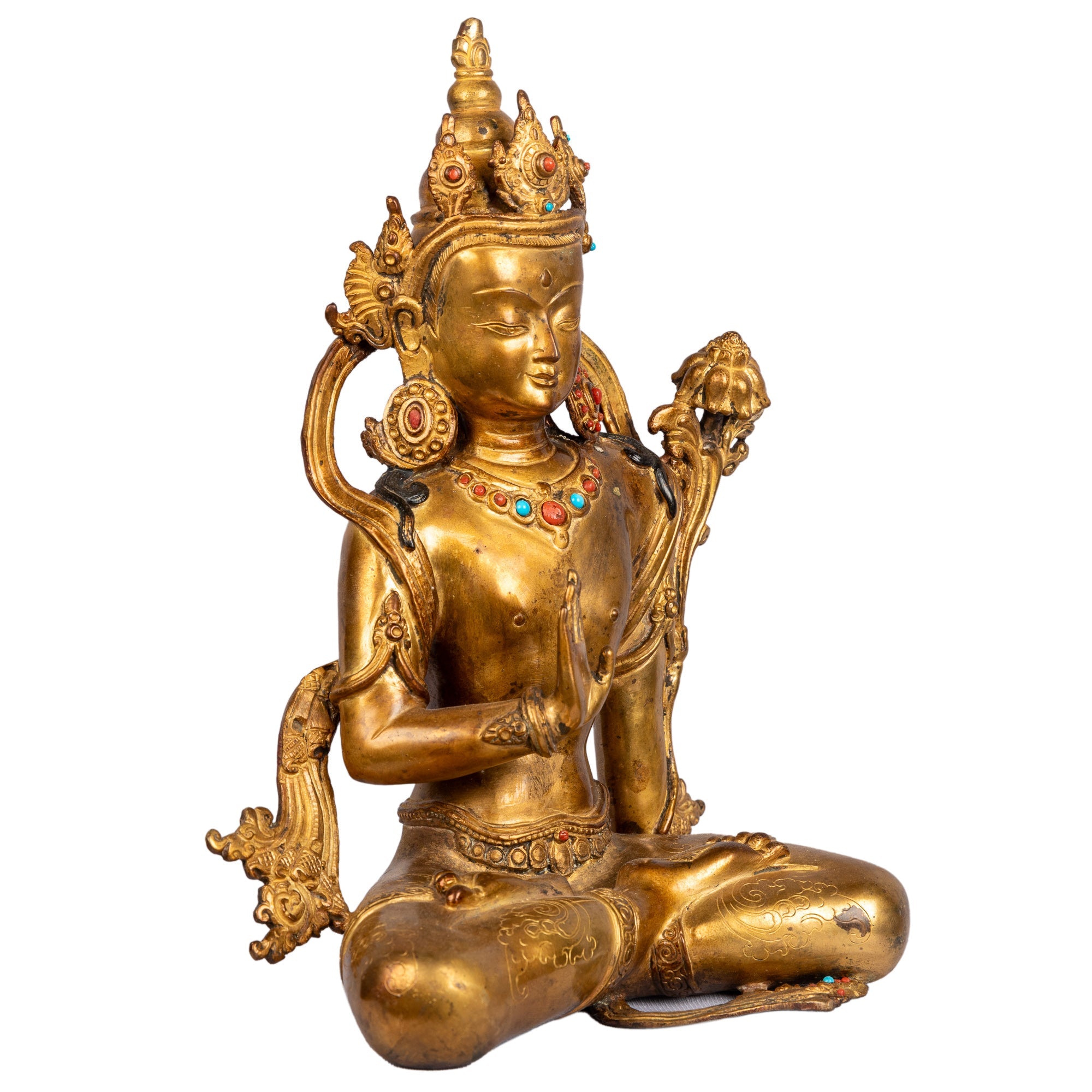 Bodhisattva bronze — right side view highlighting lotus and ornaments.