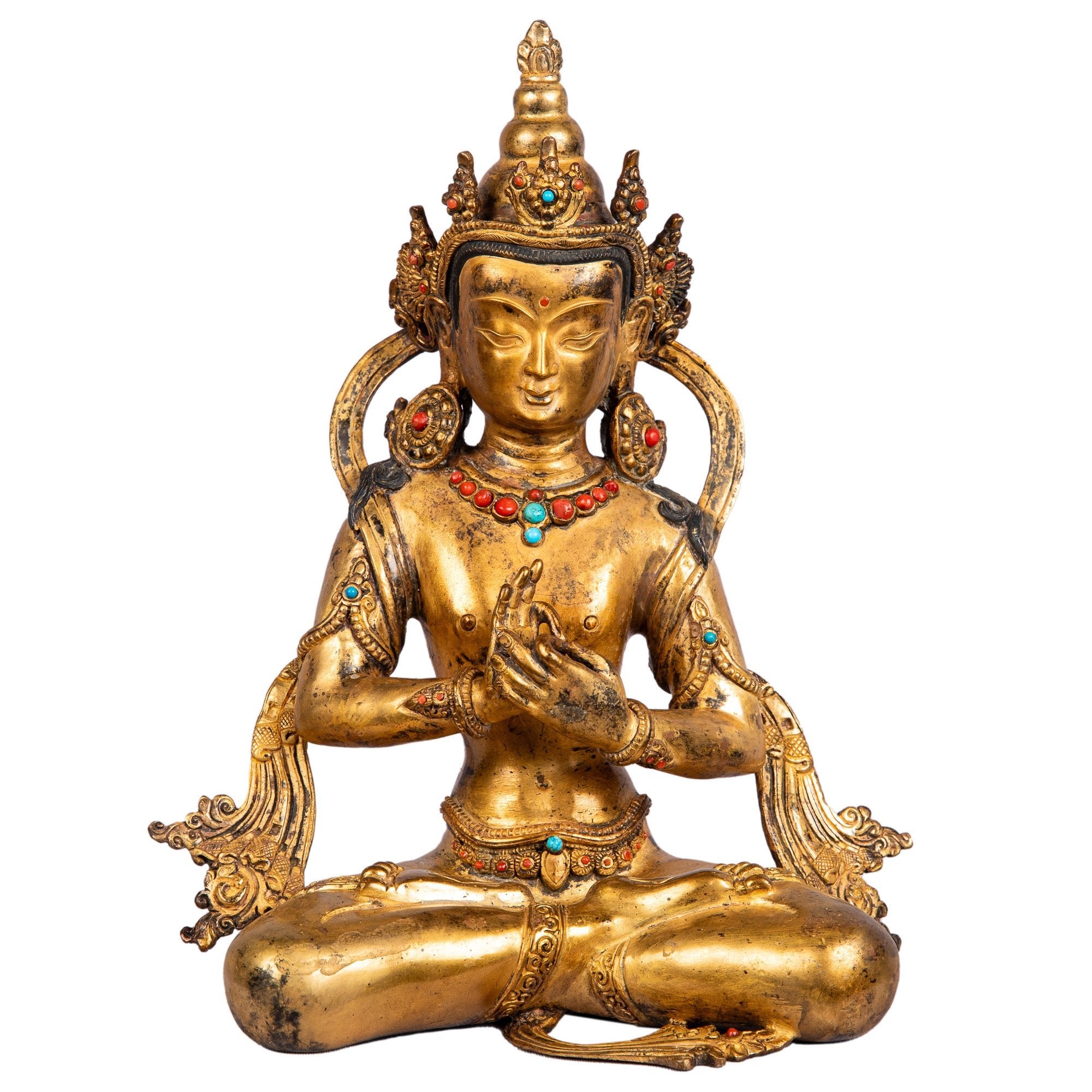 Crowned Bodhisattva bronze statue performing the Dharmachakra mudra — front view, Patan, Nepal.