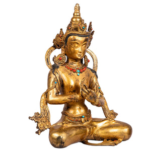 Bodhisattva bronze — right side view highlighting the gilded ornaments.