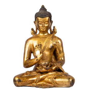 Seated Buddha bronze statue (22 cm, 1.695 kg) — front view, Abhaya mudrā, no lotus base, Patan Museum style.