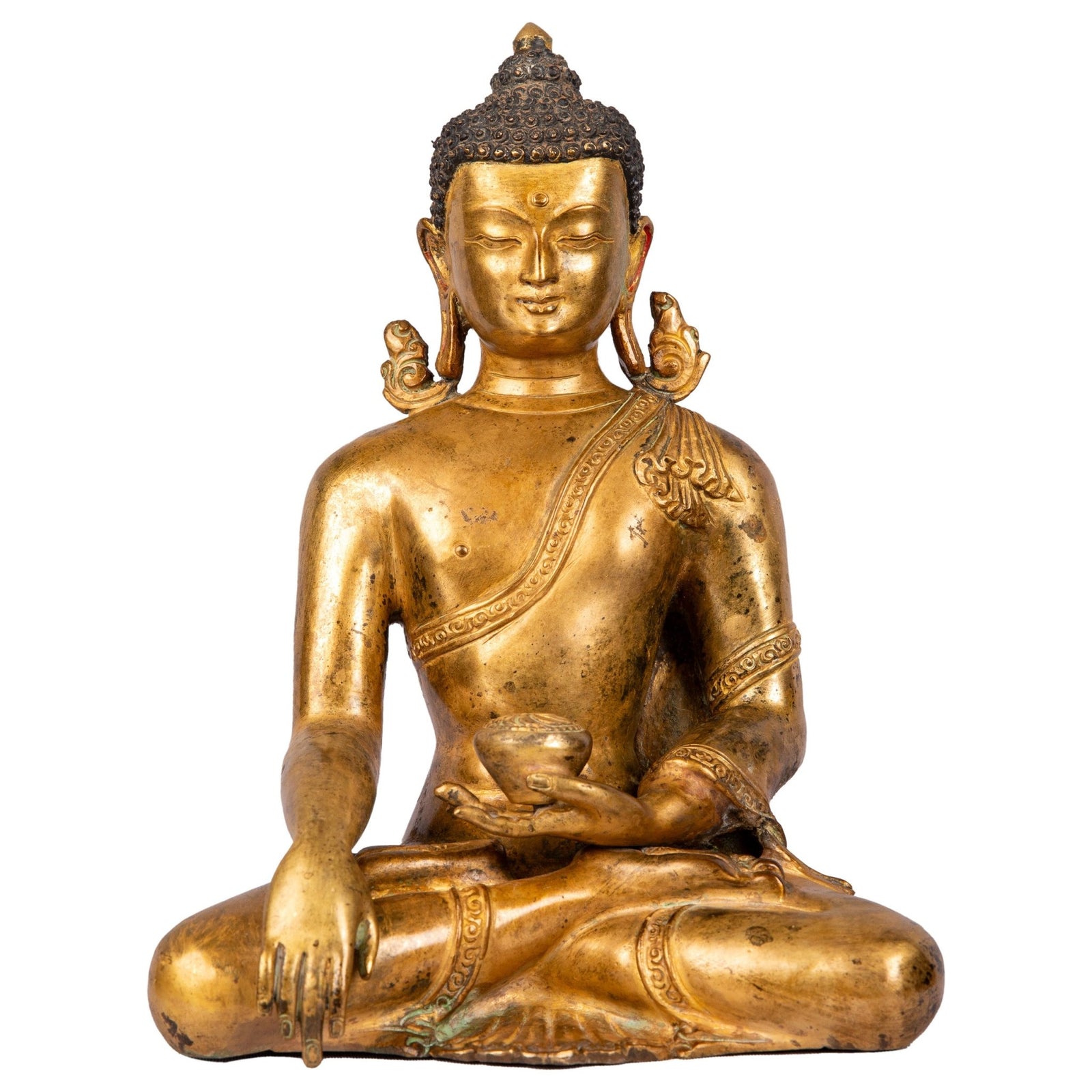 Seated Buddha bronze statue (22 cm, 1.48 kg) — front view, Bhūmisparśa mudrā, flame ornaments on ears.
