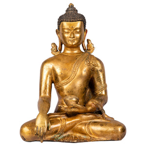 Seated Buddha bronze statue (22 cm, 1.48 kg) — front view, Bhūmisparśa mudrā, flame ornaments on ears.