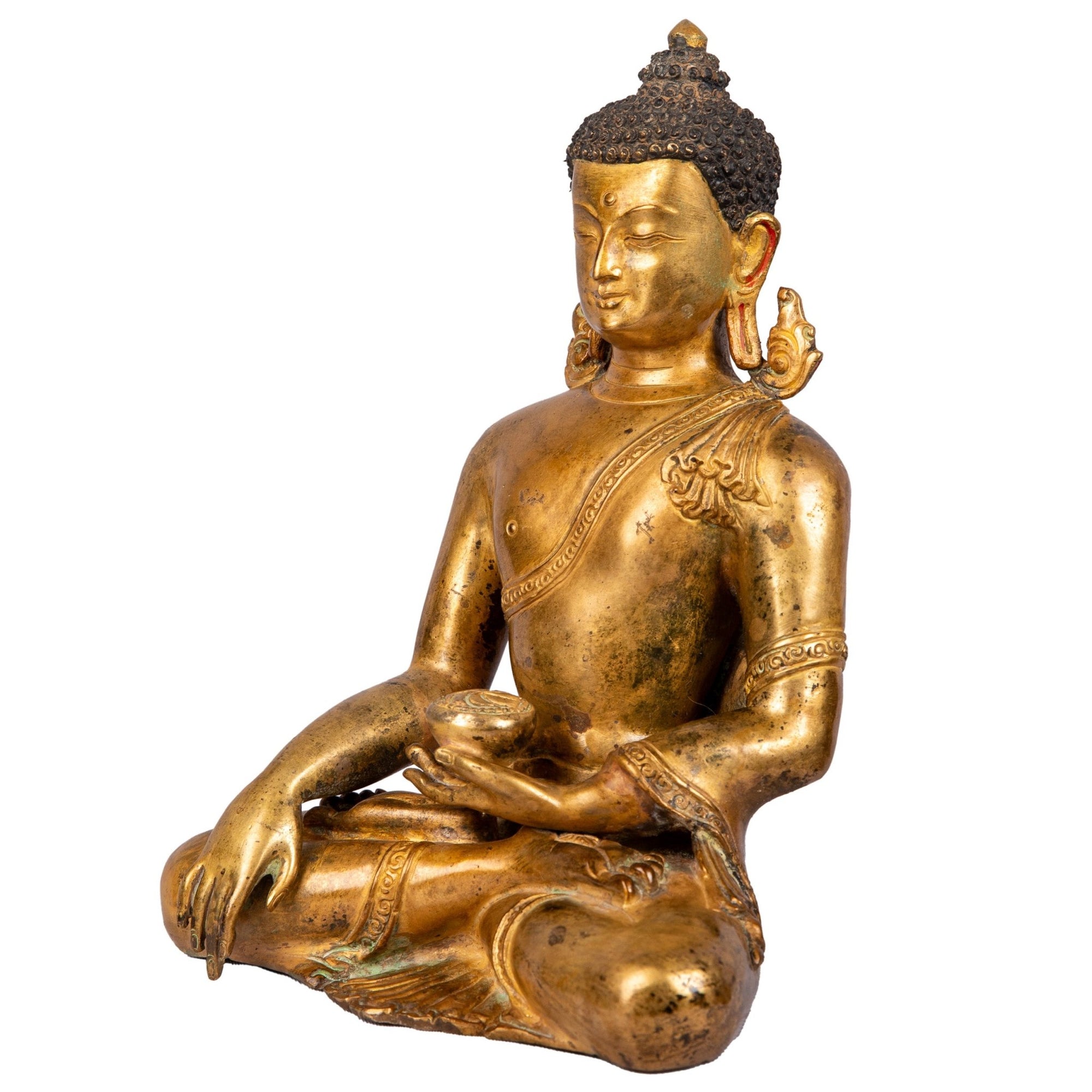 Left side view showing earth-touching gesture and flame-shaped earlobes.