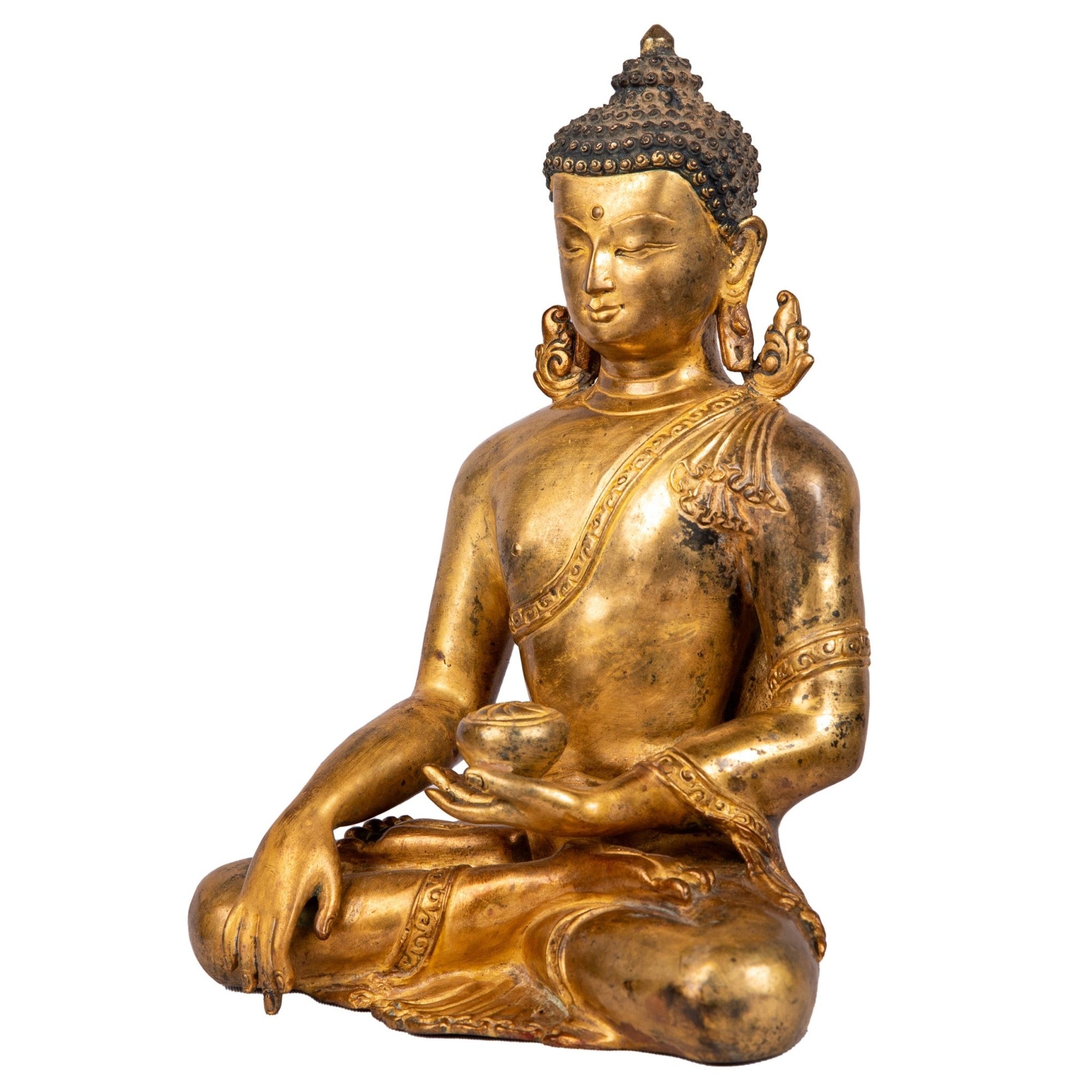 Shakyamuni Buddha bronze statue 22cm 1.495kg — left side view, Bhūmisparśa mudrā, detailed robe and serene profile, 24K gold gilded.