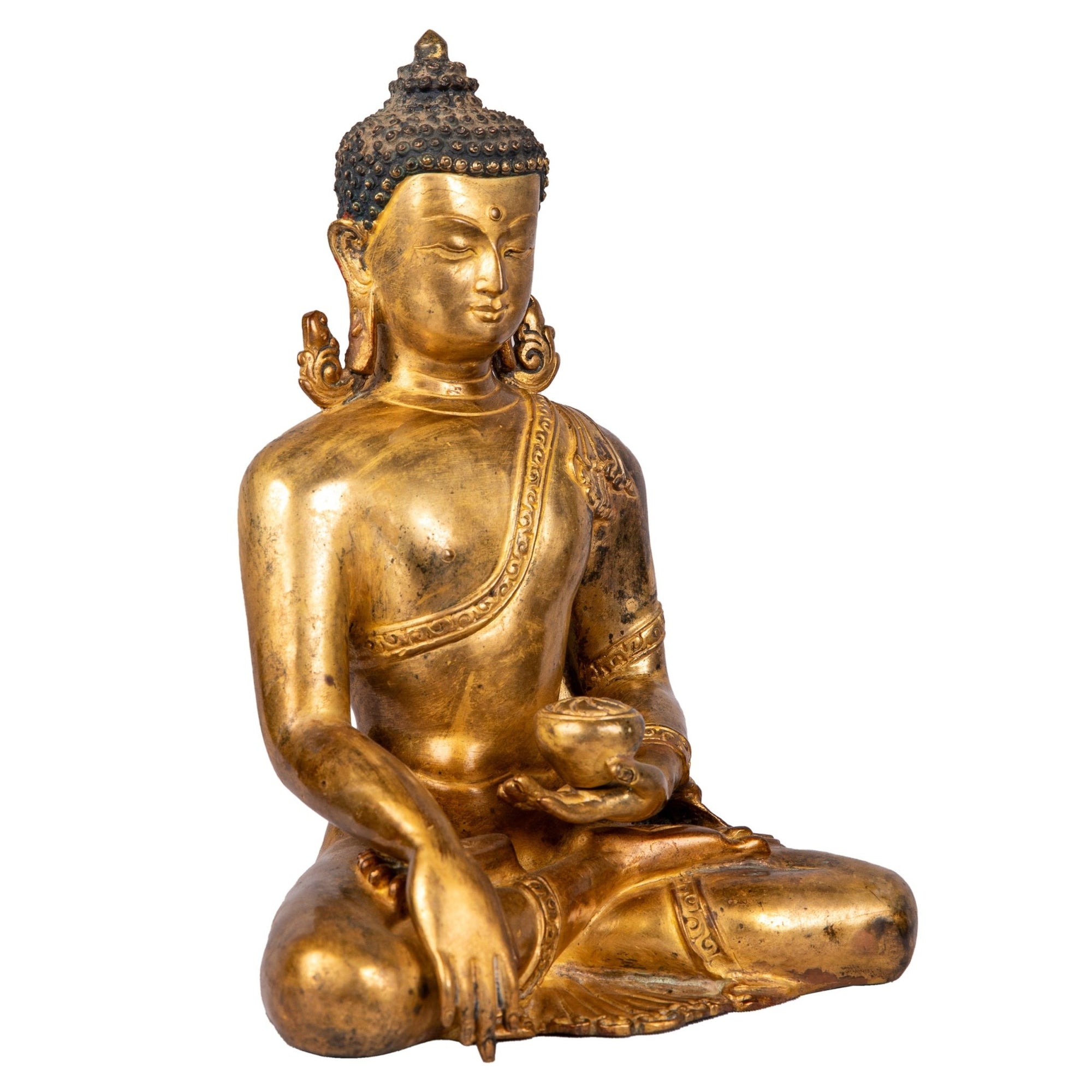 Shakyamuni Buddha bronze statue 22cm 1.495kg — right side view, earth-touching gesture, fine facial features, Patan Newar craftsmanship.