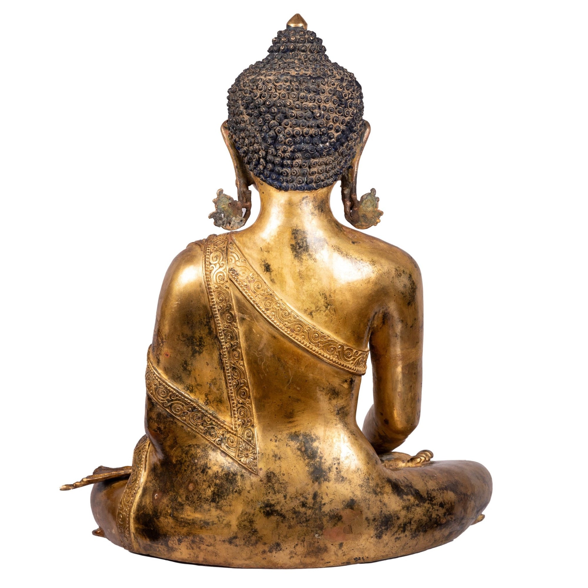Buddha bronze statue 49cm 15.55kg — back view, smooth gilded surface, handcrafted in Patan Nepal.
