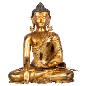 Seated Buddha bronze statue 49cm, 15.55kg — front view, Bhūmisparśa mudrā, flame ornaments on ears, gilded with 24K gold, handcrafted in Patan.