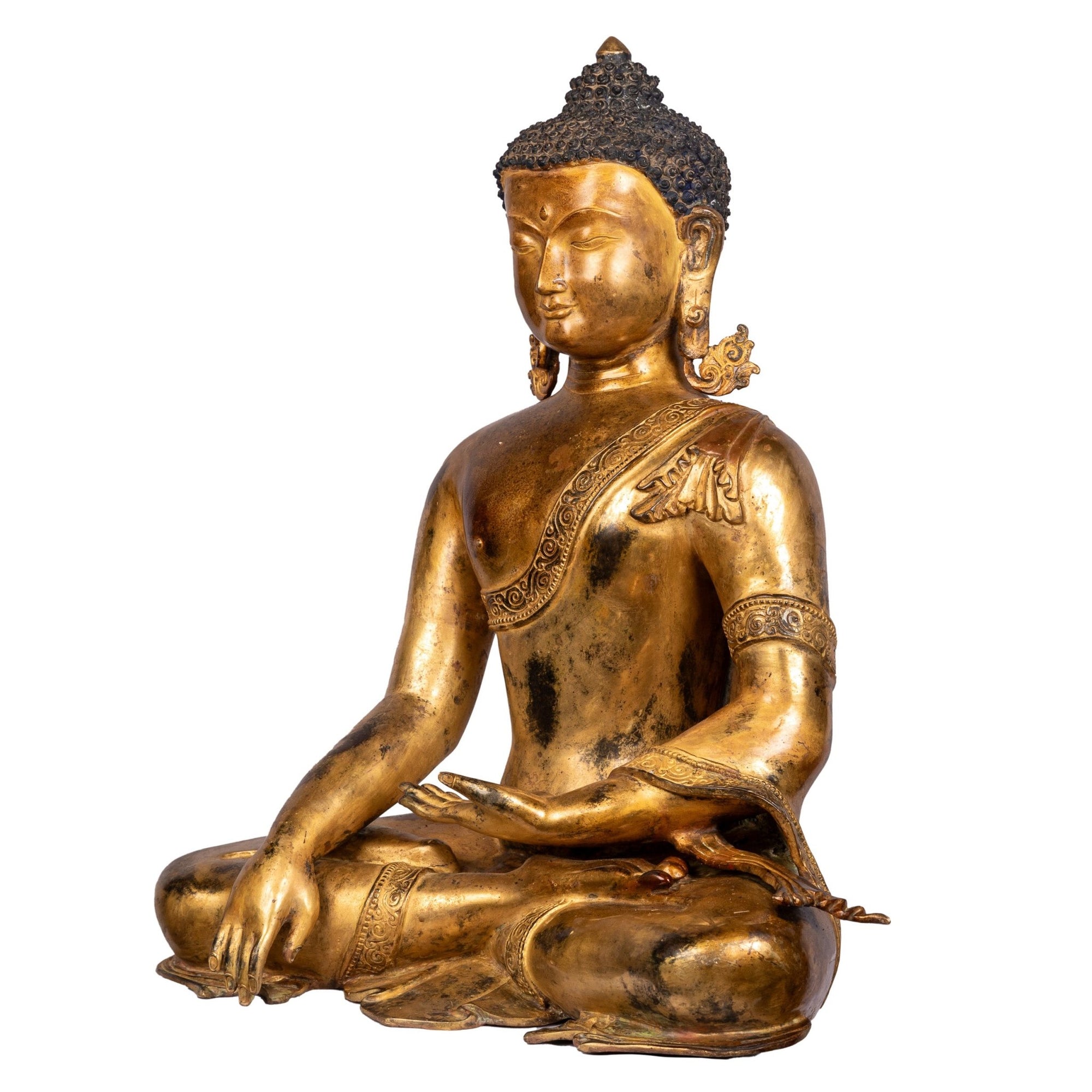 Shakyamuni Buddha bronze statue 49cm 15.55kg — left side view, Bhūmisparśa mudrā, detailed robe and serene profile, 24K gold gilded.