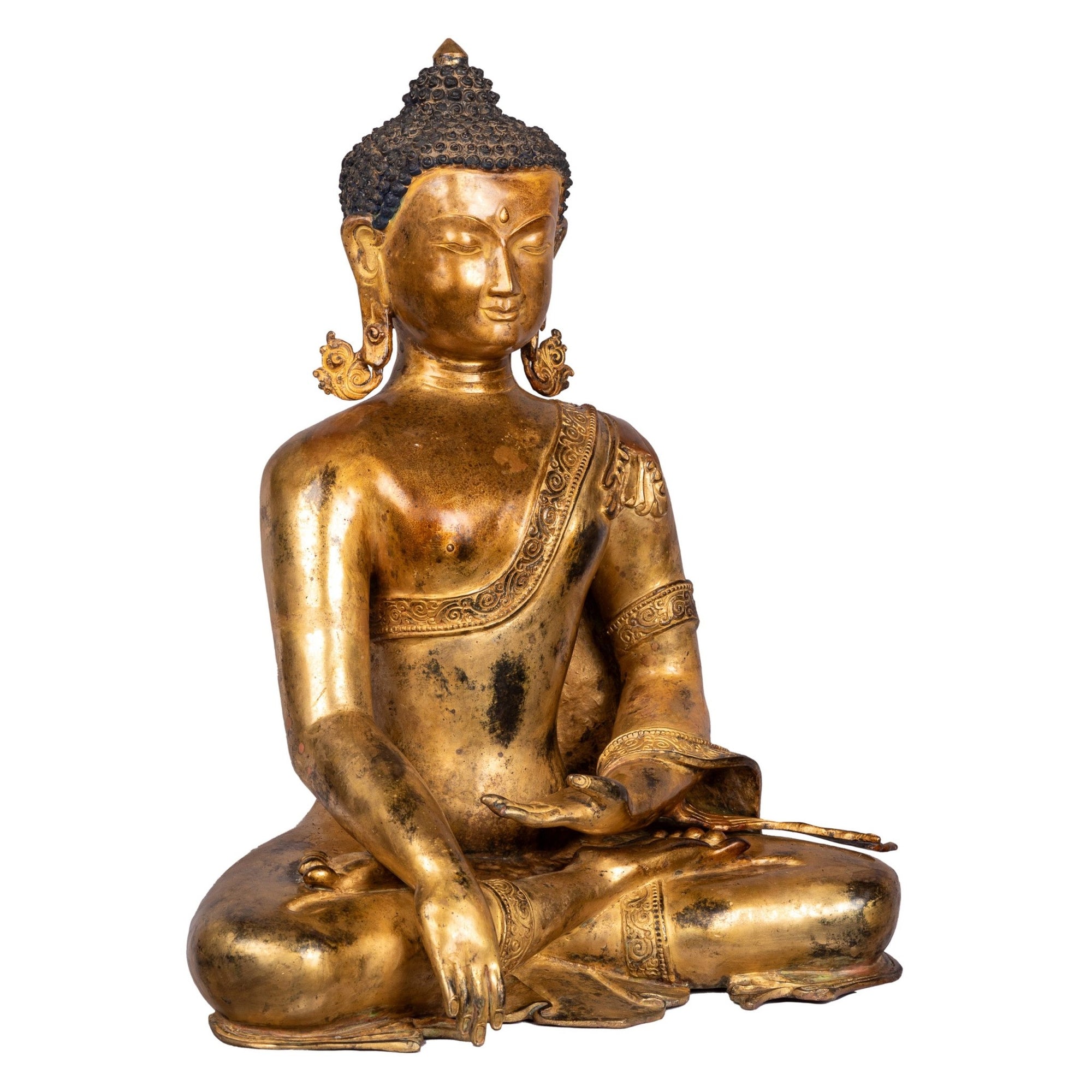 Shakyamuni Buddha bronze statue 49cm, 15.55kg — right side view, earth-touching gesture, fine facial features, Patan Newar craftsmanship.