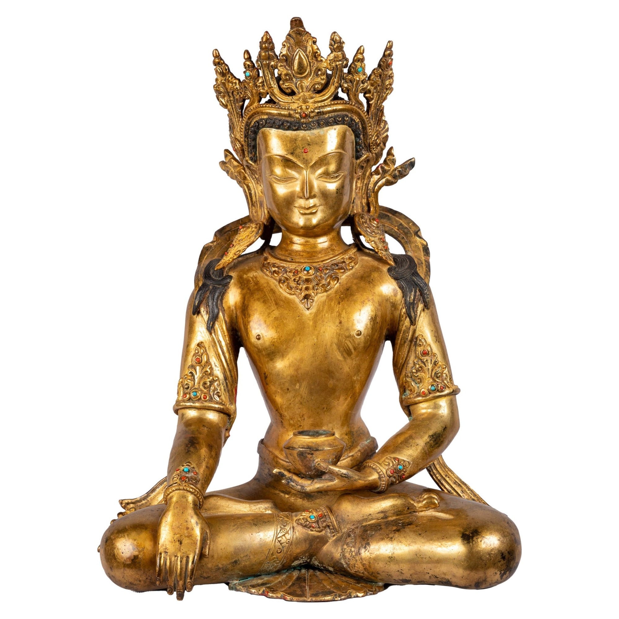 Crowned Buddha bronze statue (39 cm, 5.92 kg) — front view, Bhūmisparśa mudrā, alms bowl in left hand.