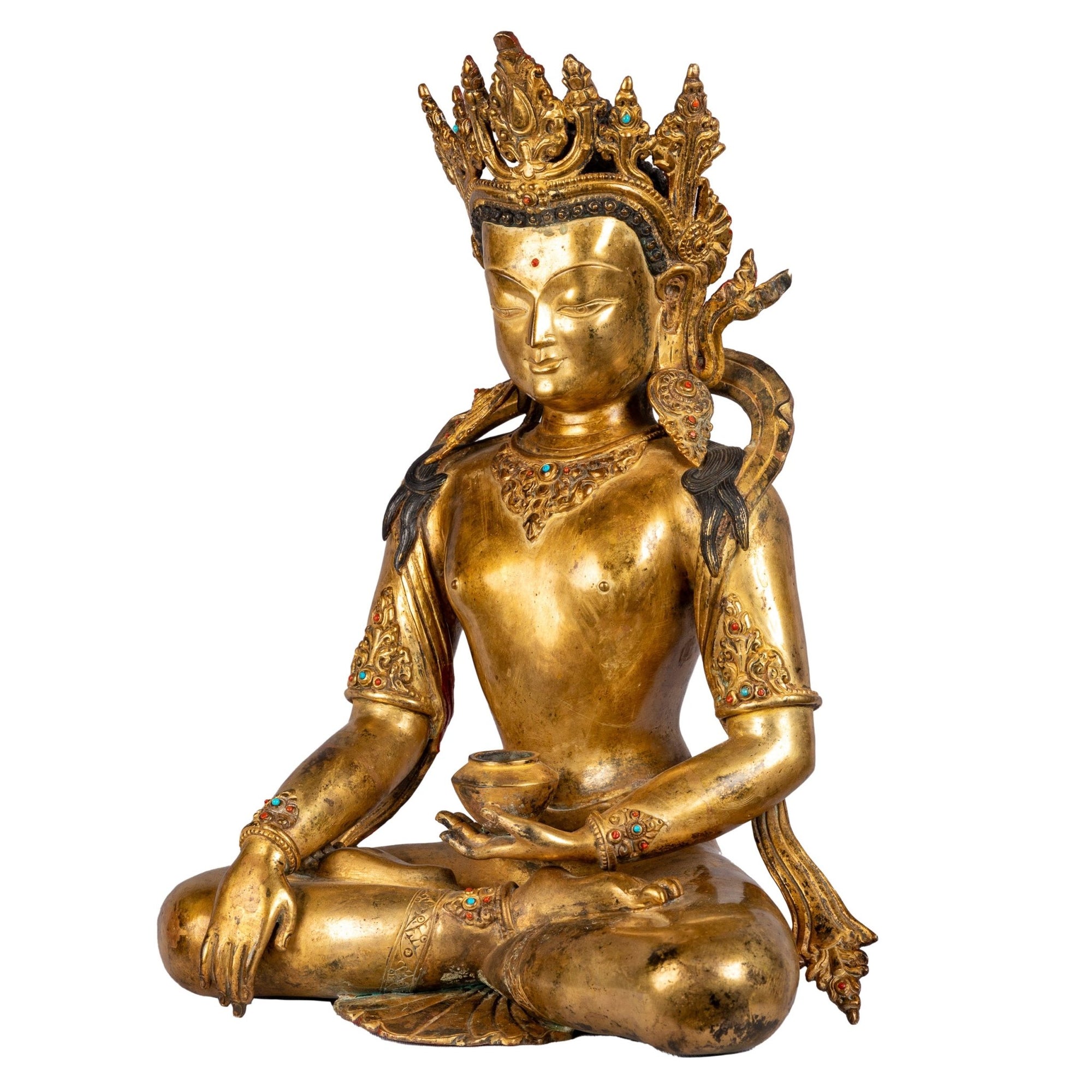 Left side view showing earth-touching gesture and crown ornaments.