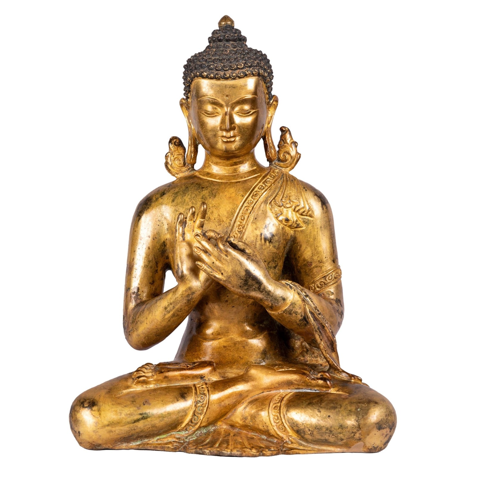 Buddha bronze statue (22 cm, 1.61 kg) — front view, Dharmachakra mudrā, no lotus base, Patan Museum style.
