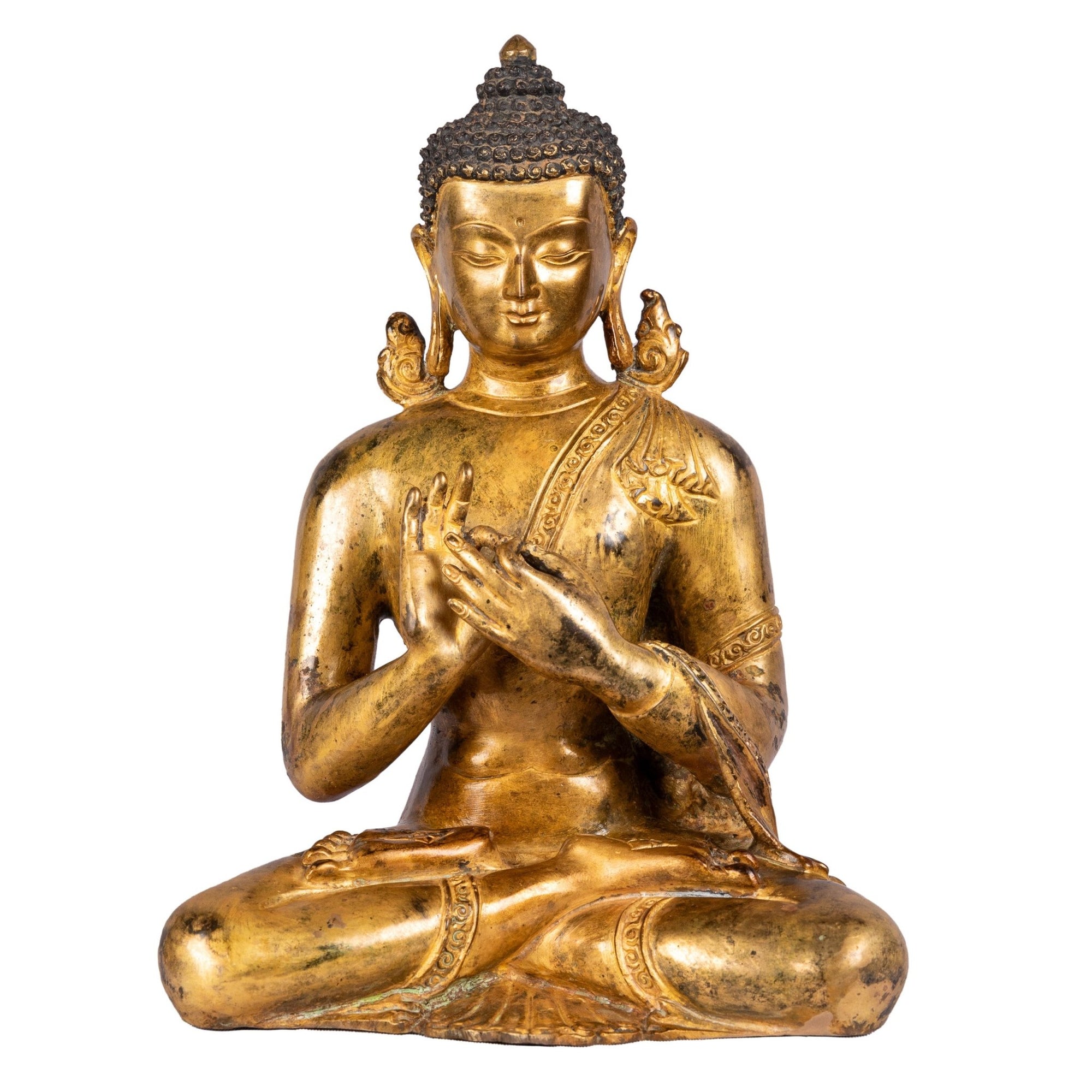 Buddha bronze statue (22 cm, 1.61 kg) — front view, Dharmachakra mudrā, no lotus base, Patan Museum style.