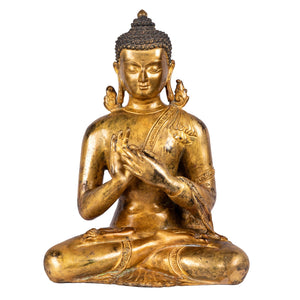 Buddha bronze statue (22 cm, 1.61 kg) — front view, Dharmachakra mudrā, no lotus base, Patan Museum style.