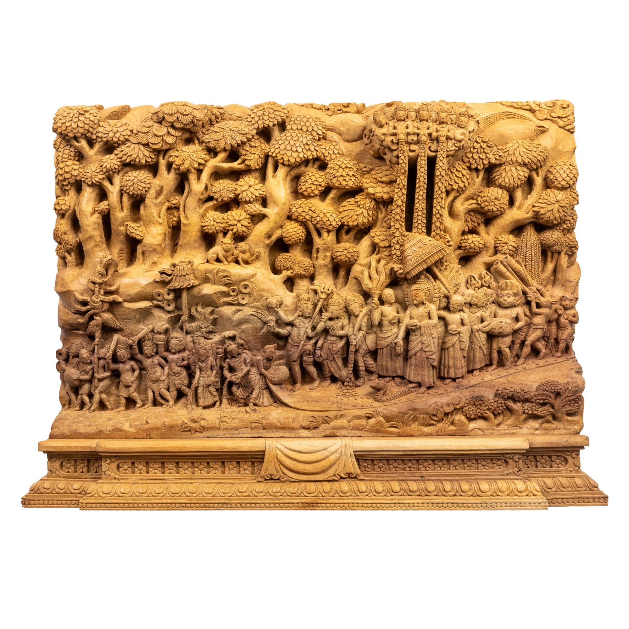 Buddha’s Return to Heaven (Lumbini Jatra) – traditional wood carving handcrafted in Patan, Nepal from magnolia wood by Newar master artisans, depicting Hindu and Buddhist deities – Himalay’Art, Himalayan art.