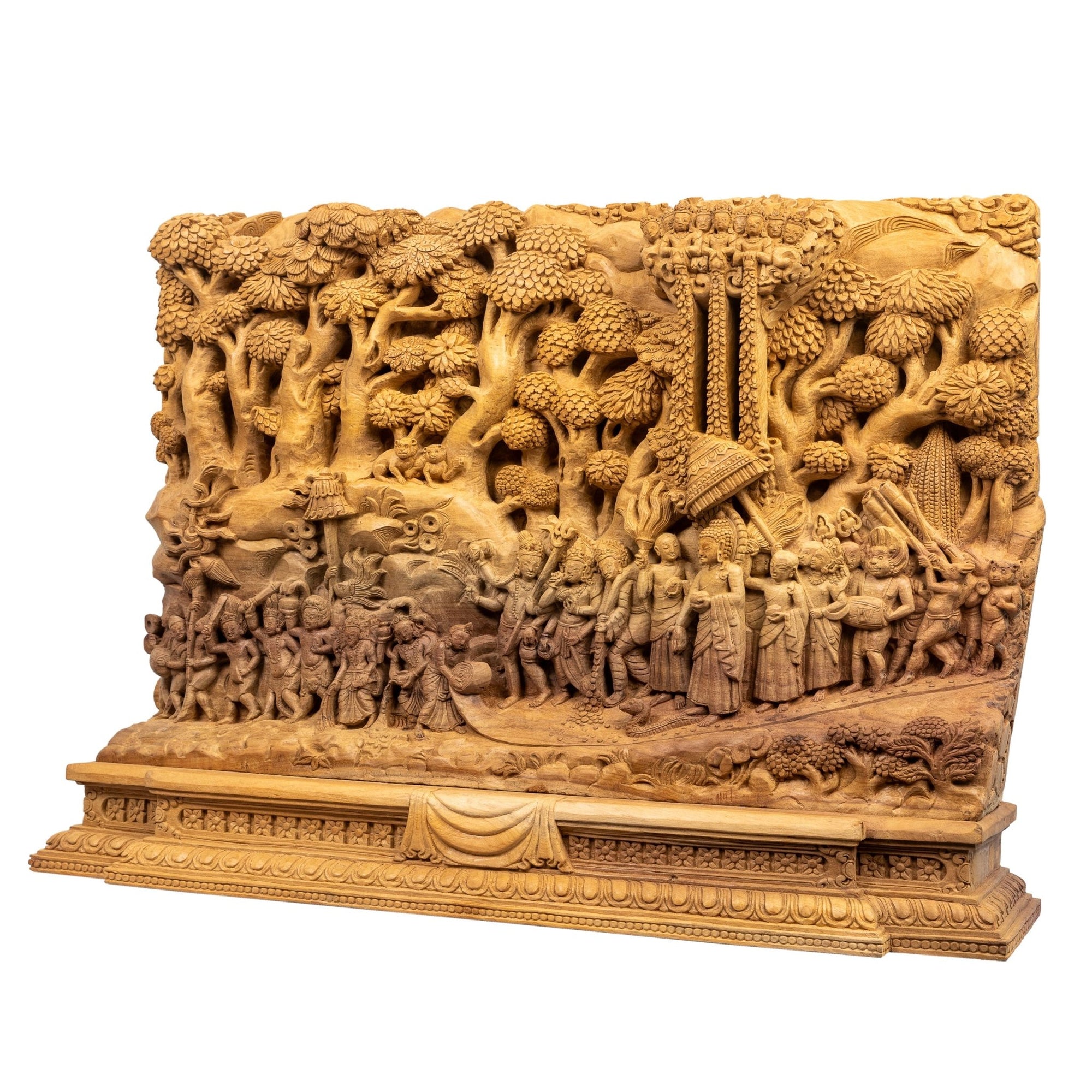 Buddha’s Return to Heaven (Lumbini Jatra) – traditional wood carving handcrafted in Patan, Nepal from magnolia wood by Newar master artisans, depicting Hindu and Buddhist deities – Himalay’Art, Himalayan art.