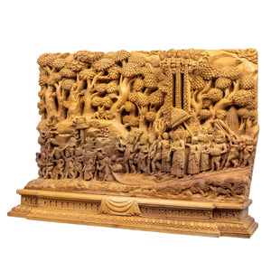 Buddha’s Return to Heaven (Lumbini Jatra) – traditional wood carving handcrafted in Patan, Nepal from magnolia wood by Newar master artisans, depicting Hindu and Buddhist deities – Himalay’Art, Himalayan art.