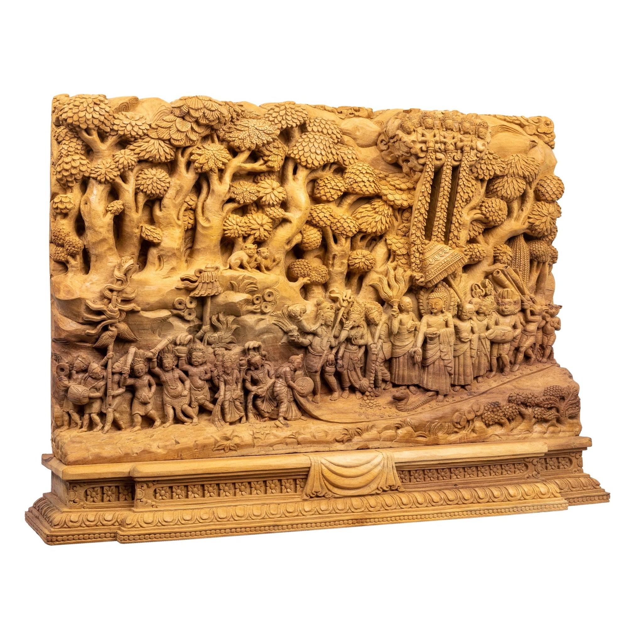 Buddha’s Return to Heaven (Lumbini Jatra) – traditional wood carving handcrafted in Patan, Nepal from magnolia wood by Newar master artisans, depicting Hindu and Buddhist deities – Himalay’Art, Himalayan art.