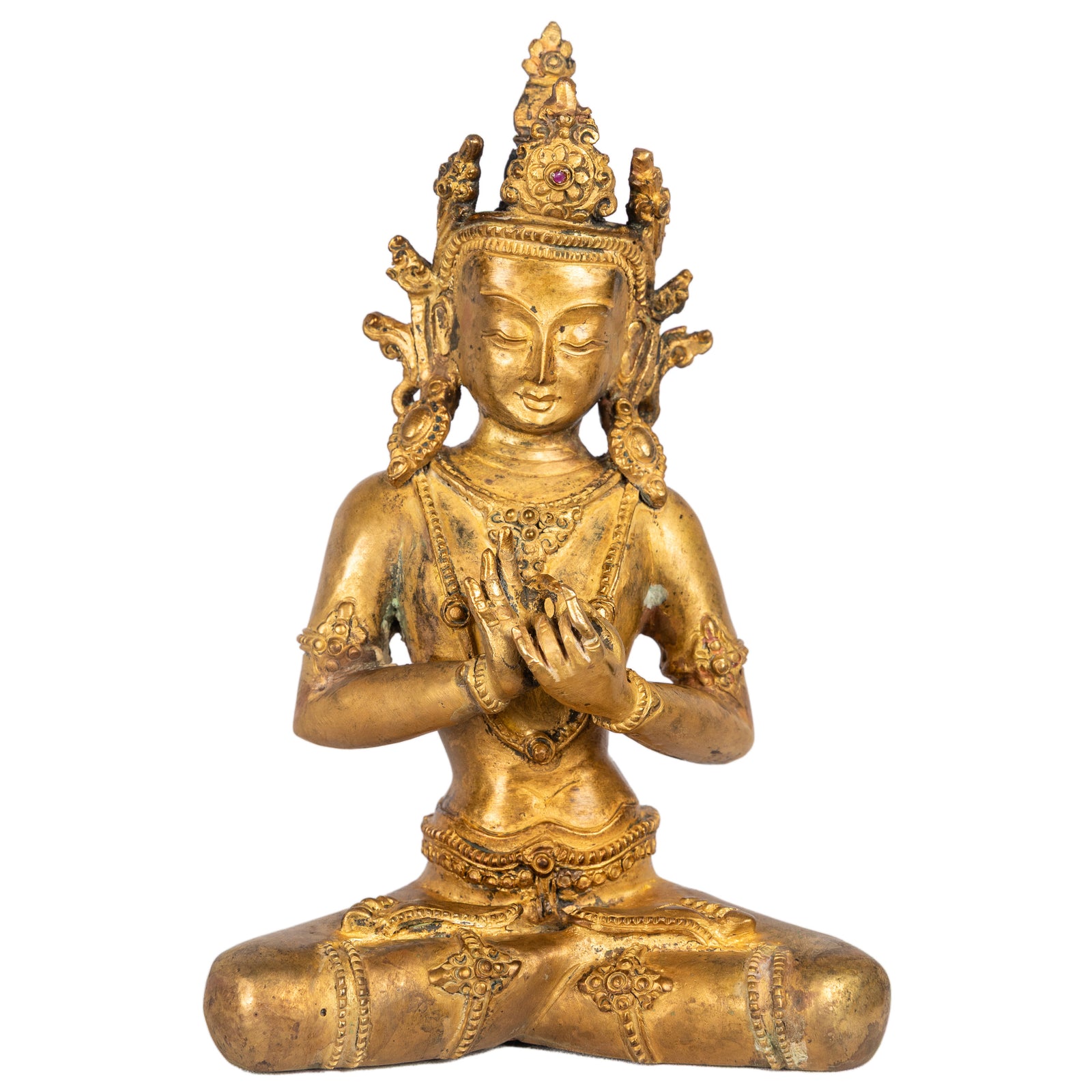 Crowned Bodhisattva gilt bronze statue 20 cm 1.05 kg Nepal front view Himalayart