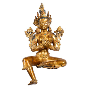 Green Tara bronze statue (37 cm, 2.585 kg) — front view, right leg extended, 24 K gold gilded.