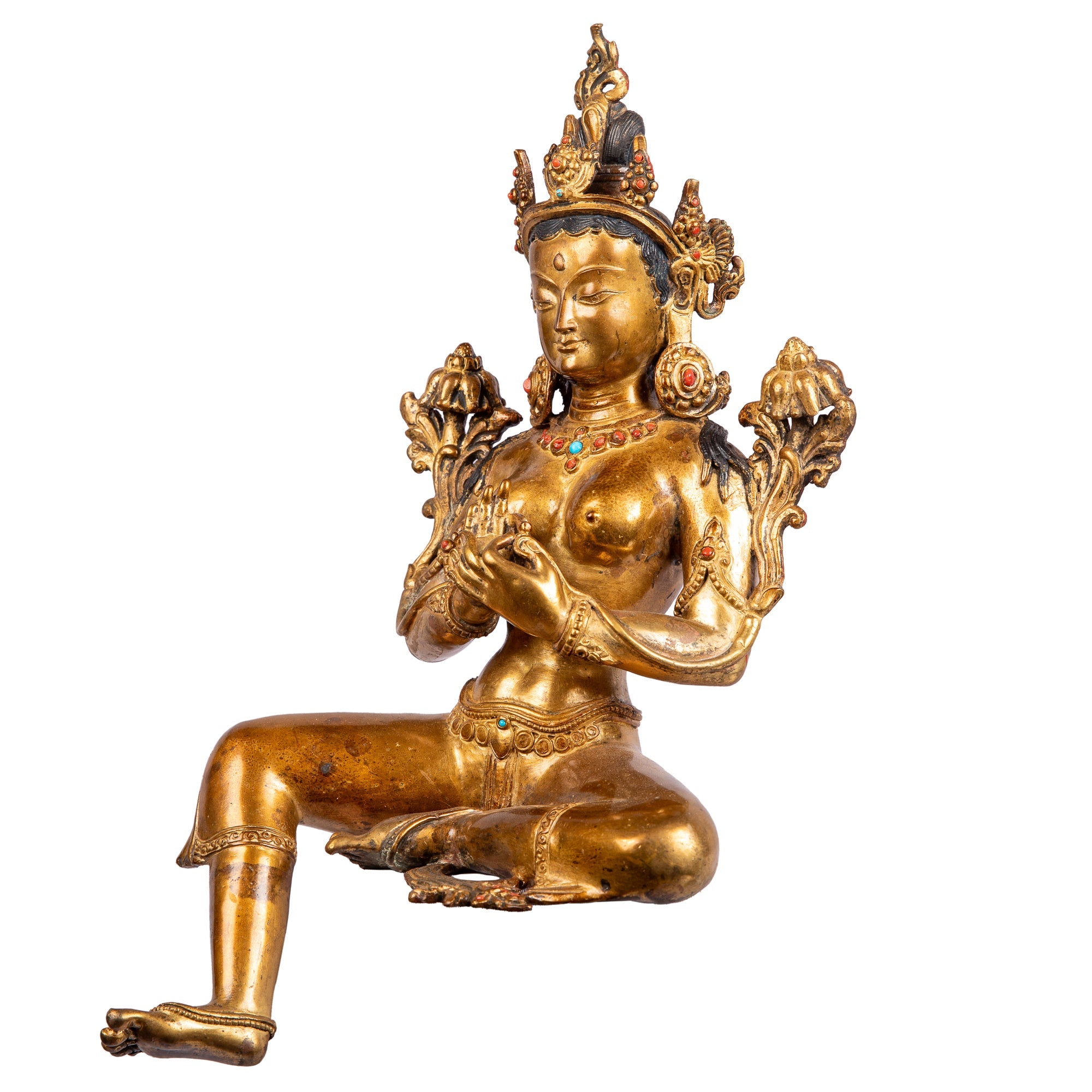 Left side view showing extended leg and dharmachakra mudra.