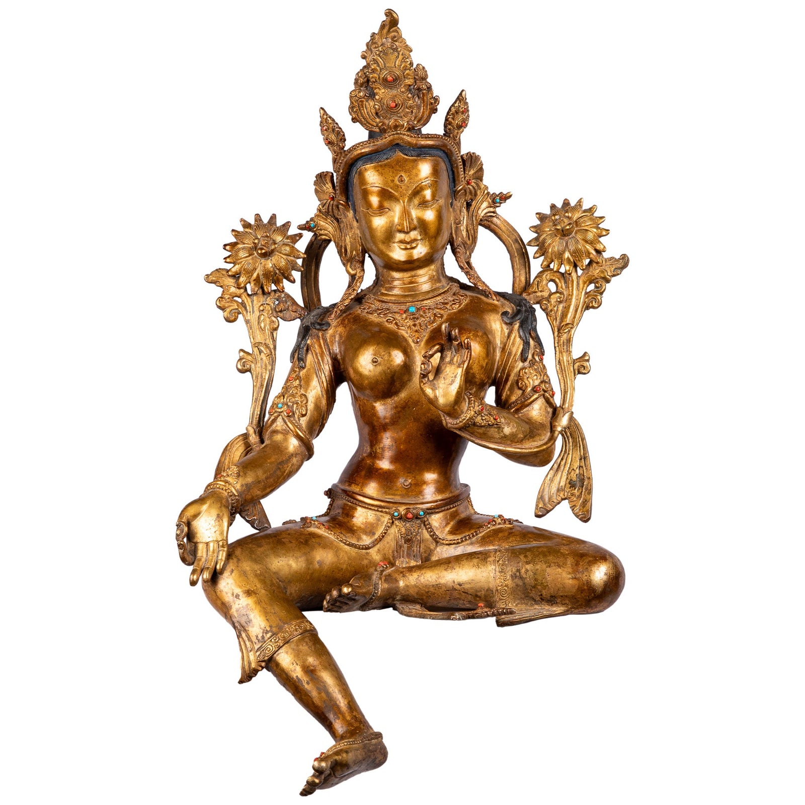 Green Tara bronze statue from Patan, Nepal — 60 cm high, gilded with 24-karat gold and adorned with semi-precious gemstones, handcrafted by Newar master artisans.