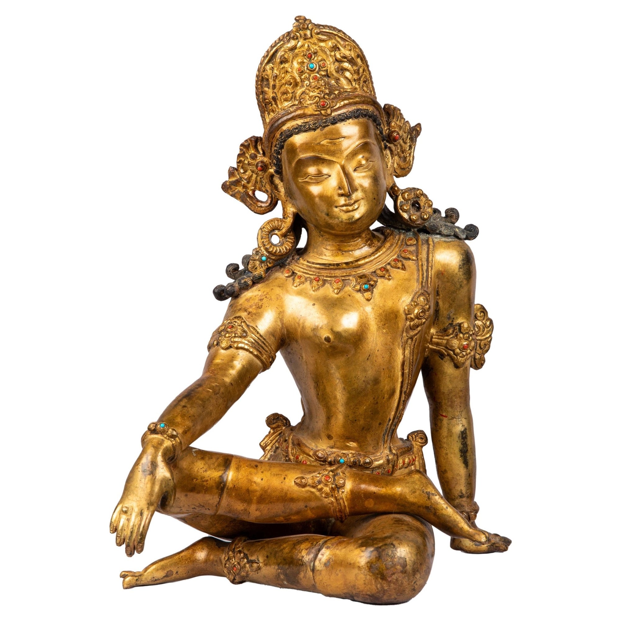 Indra bronze statue (33 cm, 4.09 kg) — front view, crowned, seated in royal pose.