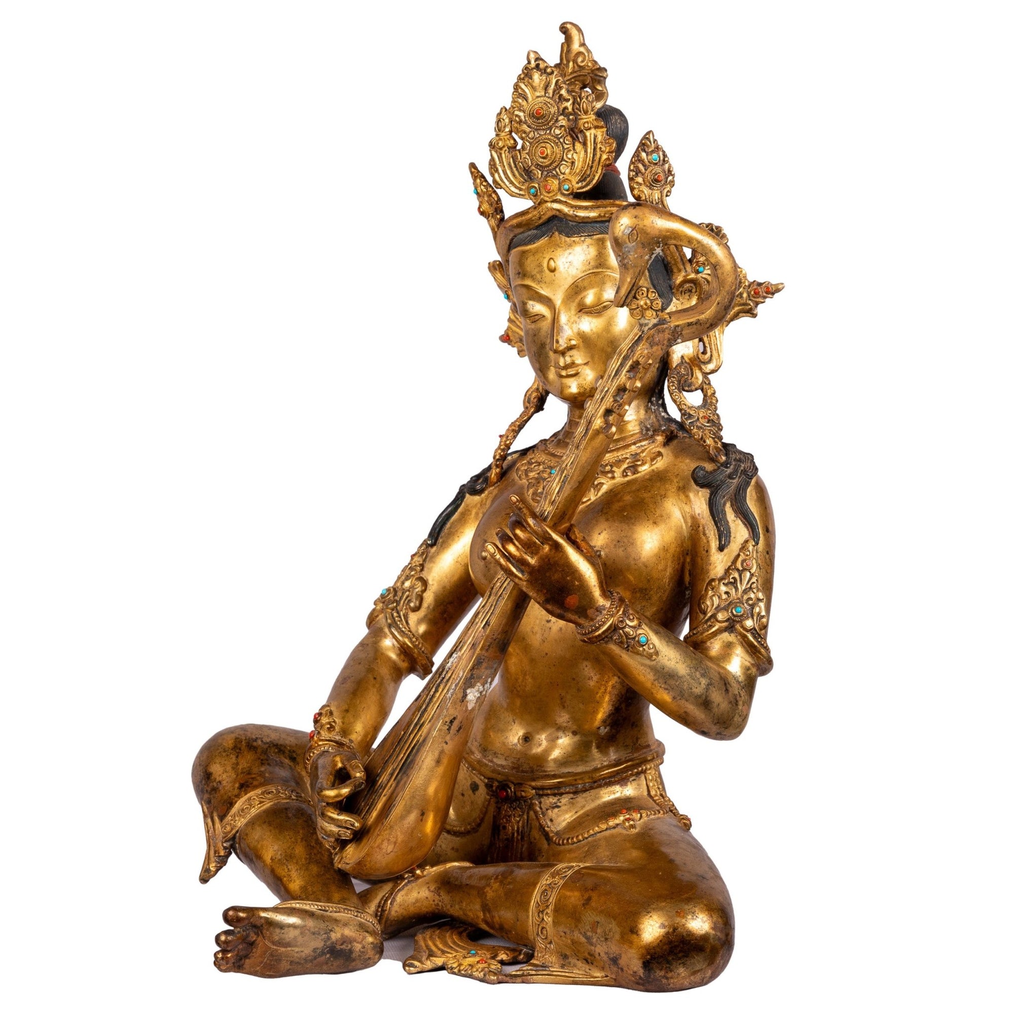 Laxmi bronze statue 44cm 9.495kg — left side view, goddess of wealth and beauty, 24K gold gilded, hand-crafted in Patan Nepal.
