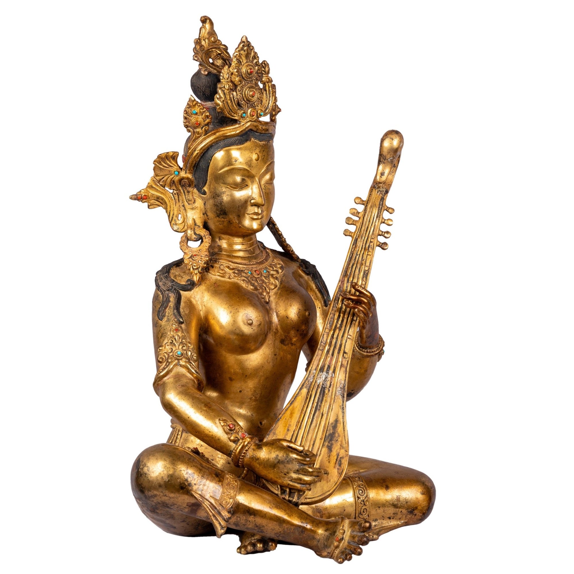 Laxmi bronze statue 44cm, 9.495kg — right side view, refined ornaments and jewelry, 24K gold gilded, Patan craftsmanship.