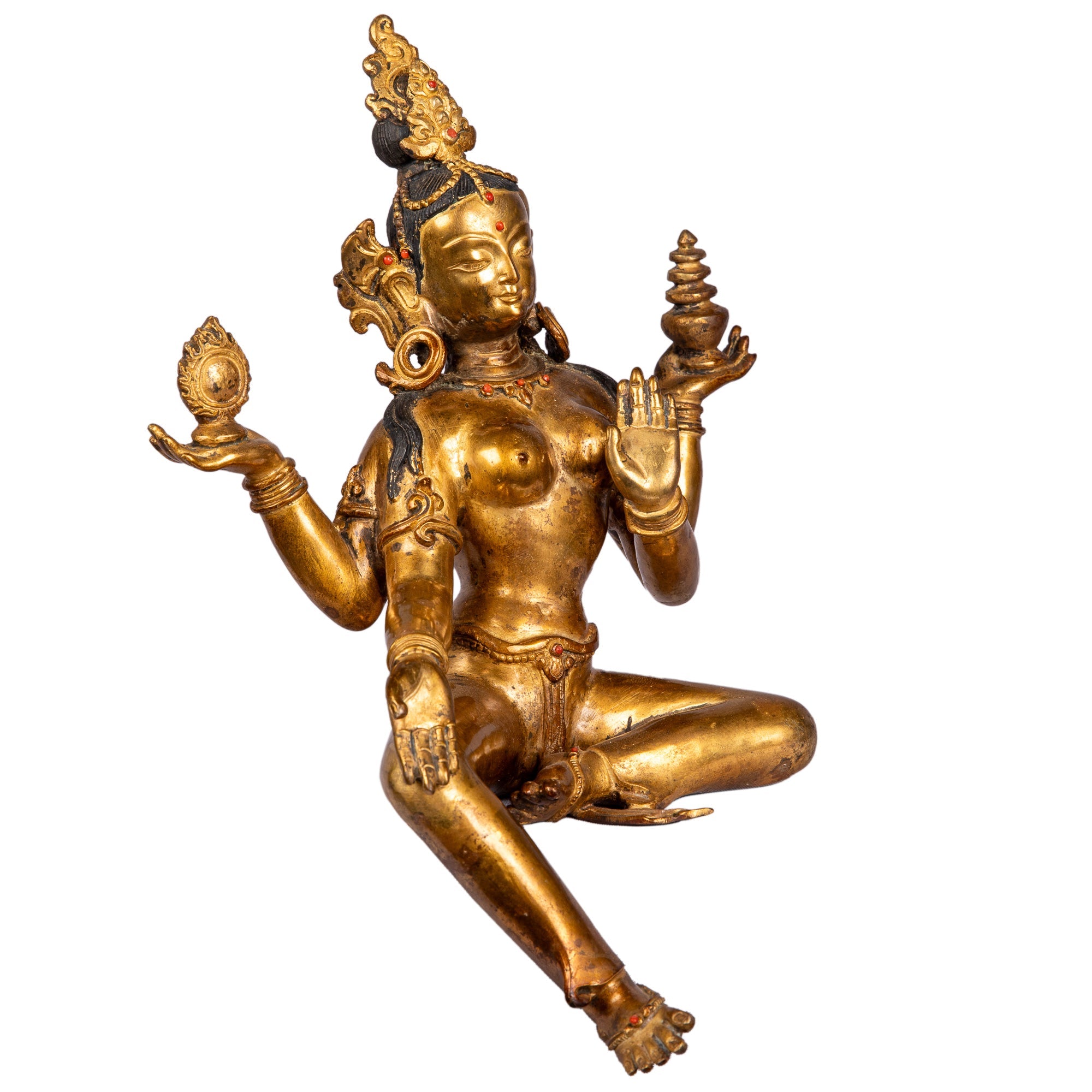Laxmi with four arms – antique-style bronze statue handcrafted in Patan, Nepal by Newar master artisans, gilded with 24K gold and adorned with gemstones – Himalay’Art, Himalayan art.