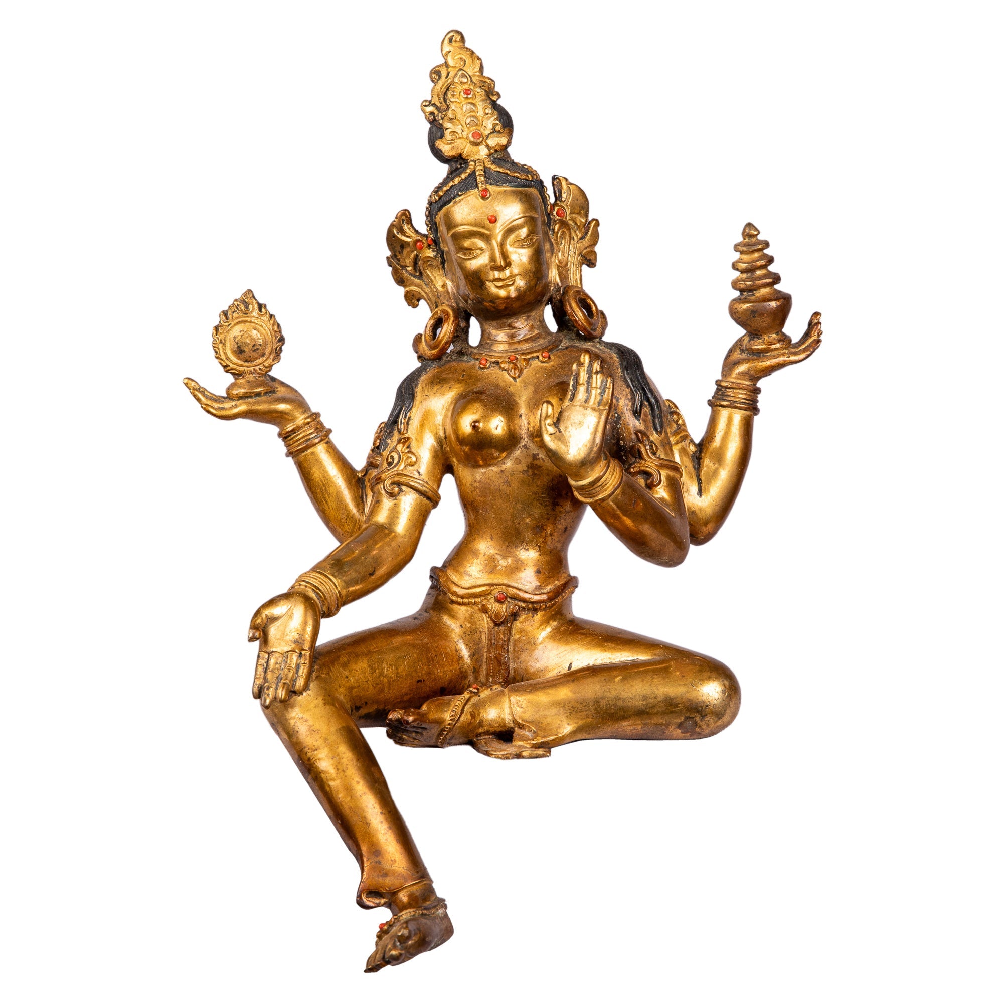 Laxmi with four arms – antique-style bronze statue handcrafted in Patan, Nepal by Newar master artisans, gilded with 24K gold and adorned with gemstones – Himalay’Art, Himalayan art.