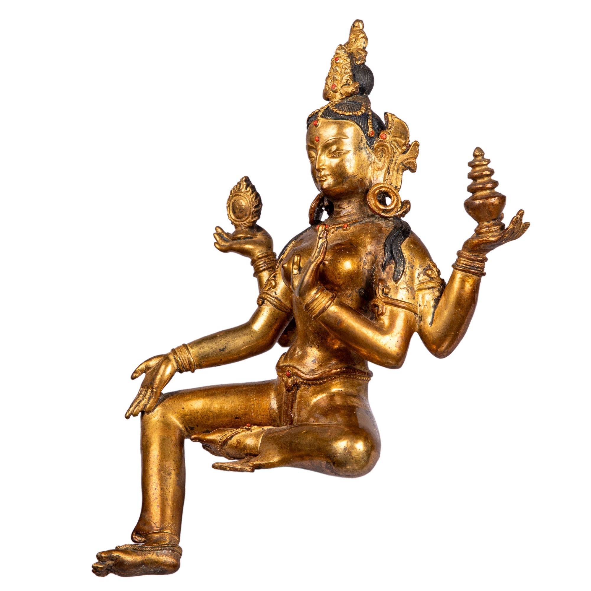 Laxmi with four arms – antique-style bronze statue handcrafted in Patan, Nepal by Newar master artisans, gilded with 24K gold and adorned with gemstones – Himalay’Art, Himalayan art.