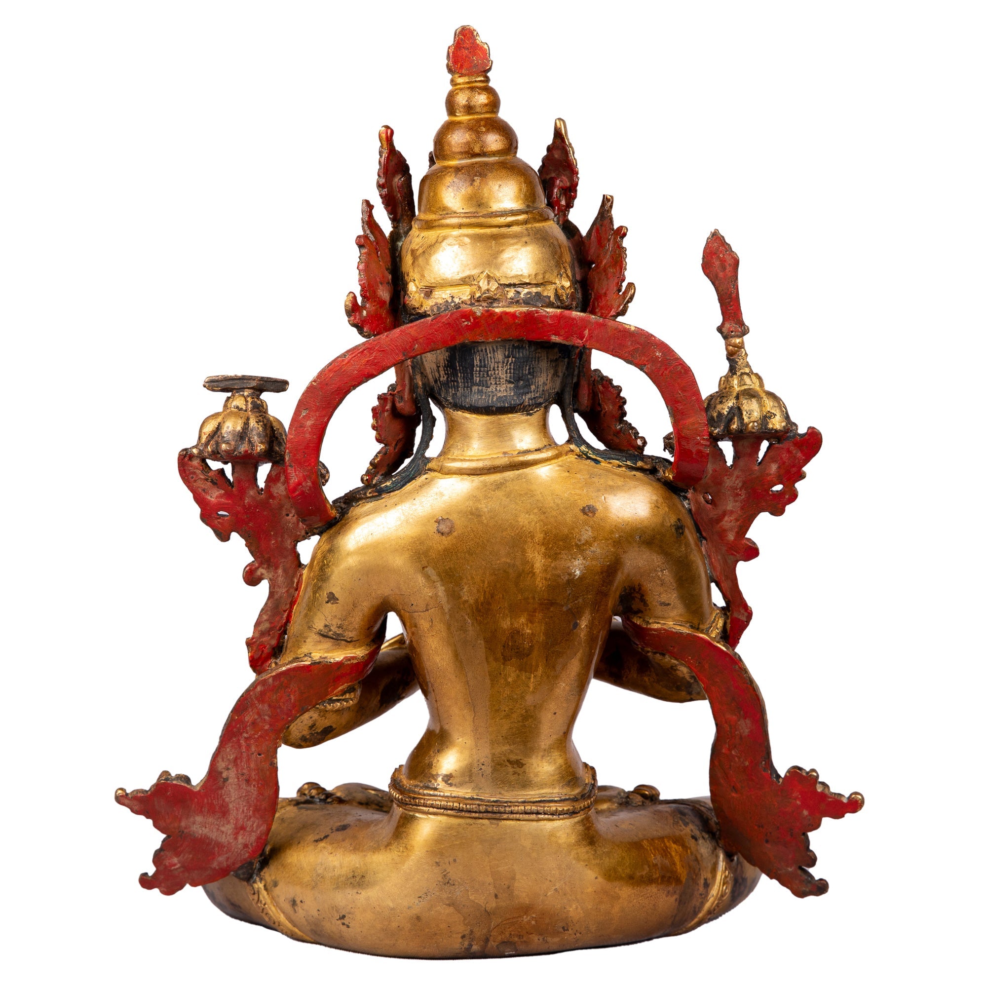 Manjushree bronze statue — back view showing the finely engraved robe and the detailed lotus throne.
