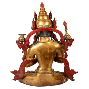 Manjushree bronze statue — back view showing the finely engraved robe and the detailed lotus throne.